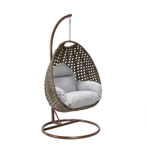 Leisuremod Beige Wicker Hanging Egg Swing Chair with Light Grey Cushions ESCBG-40LGR